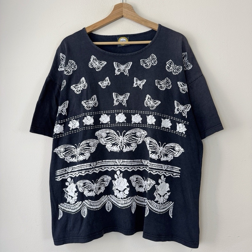 Vintage 90's Women's Butterfly Animal Nature Art Black Tee Shirt - XL